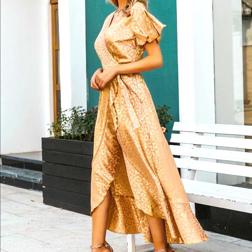 Simplee Asymmetrical Ruffle Hem Wrap Belted Leopard Satin Dress